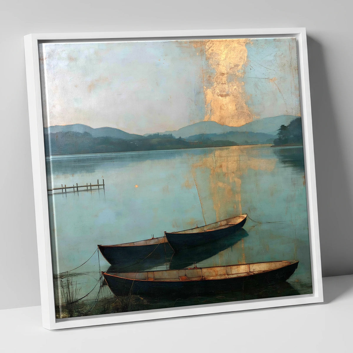 Golden Light over Windermere Boats lake district lake canvas wall art in white frame