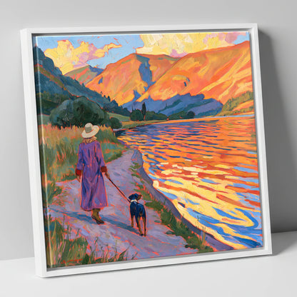 Colourful Dog Walk at Ullswater gifts for dog walkers canvas wall art in white frame