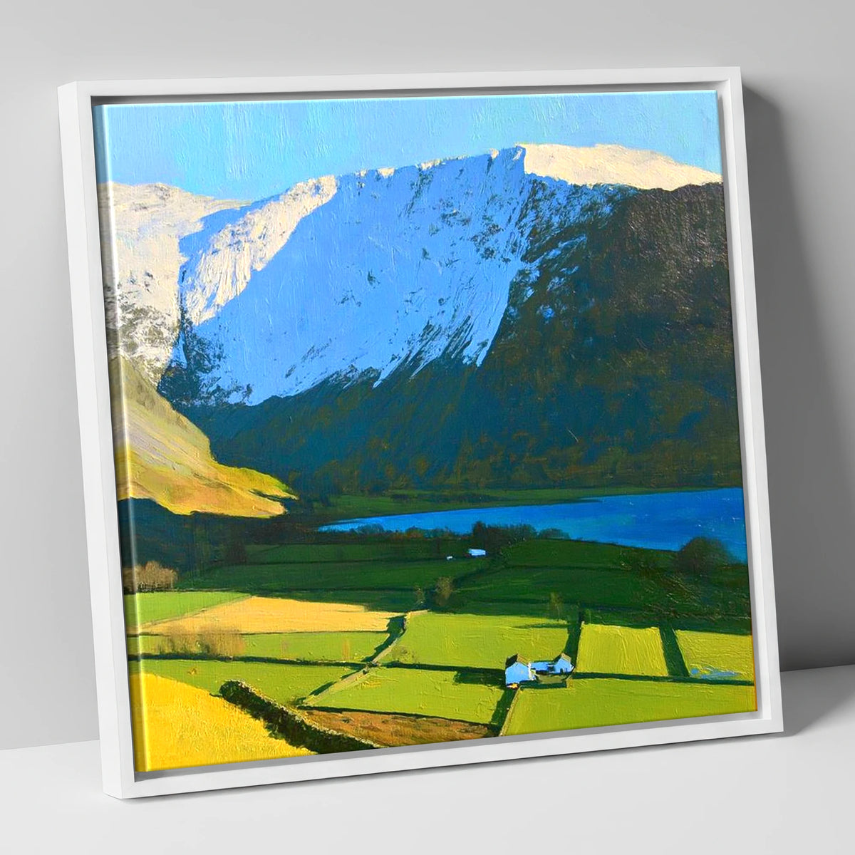 Sunlit Fields Below High Hartsop Dodd lake district fell canvas wall art in white frame