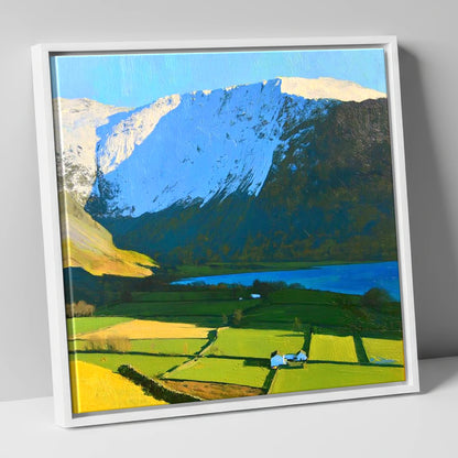 Sunlit Fields Below High Hartsop Dodd lake district fell canvas wall art in white frame