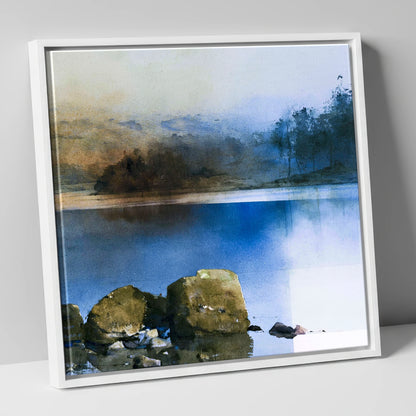 Mossy Boulders of Rydal Water lake district lake canvas wall art in white frame