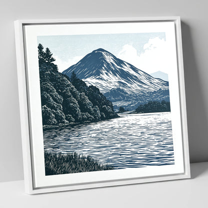Catbells in Slate and Navy lake district fell canvas wall art in white frame