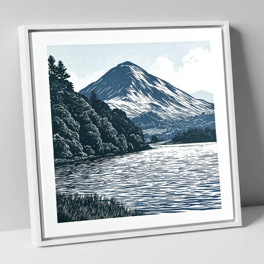 Catbells in Slate and Navy lake district fell canvas wall art in white frame