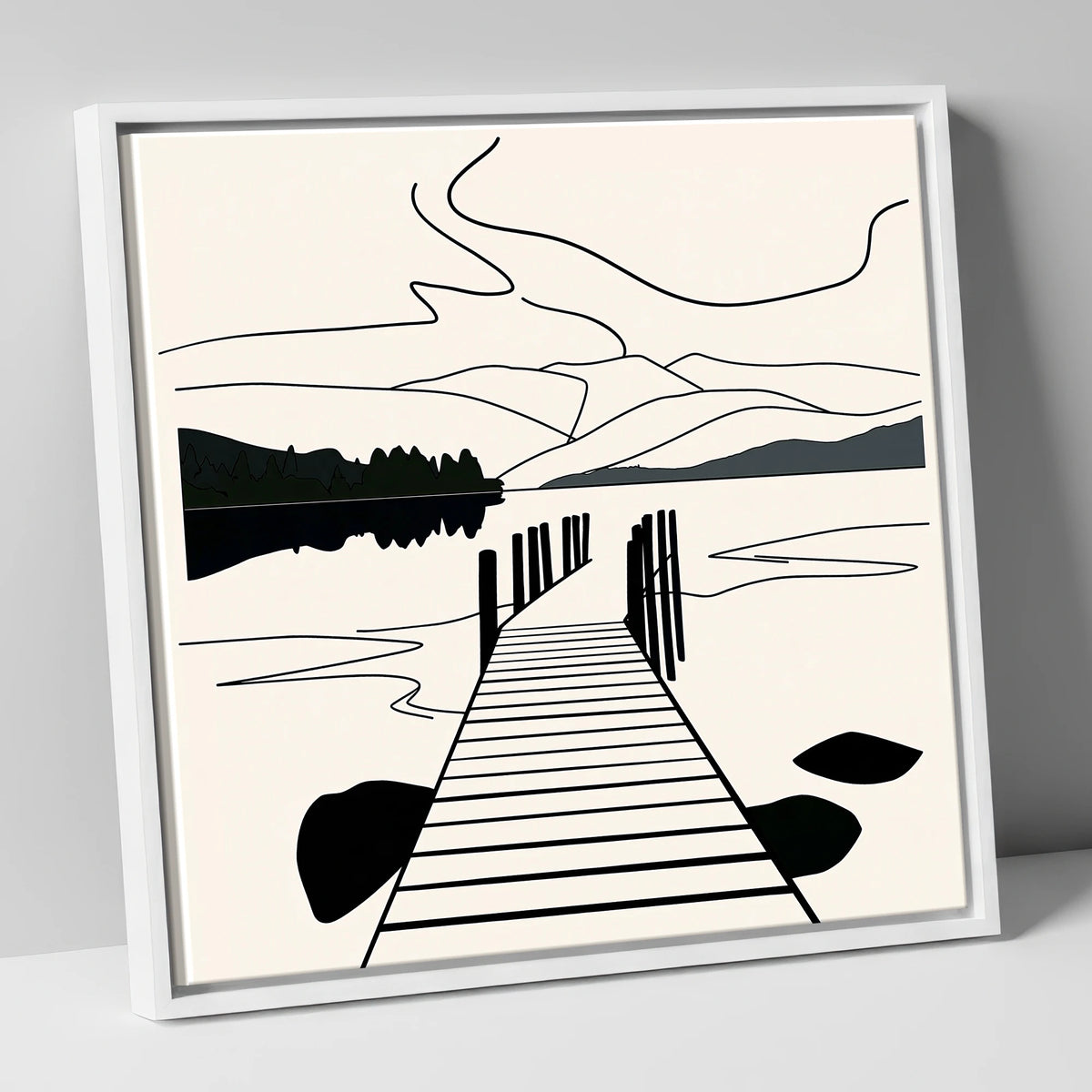 Minimalist Waterhead Jetty Ambleside lake district village canvas wall art in white frame