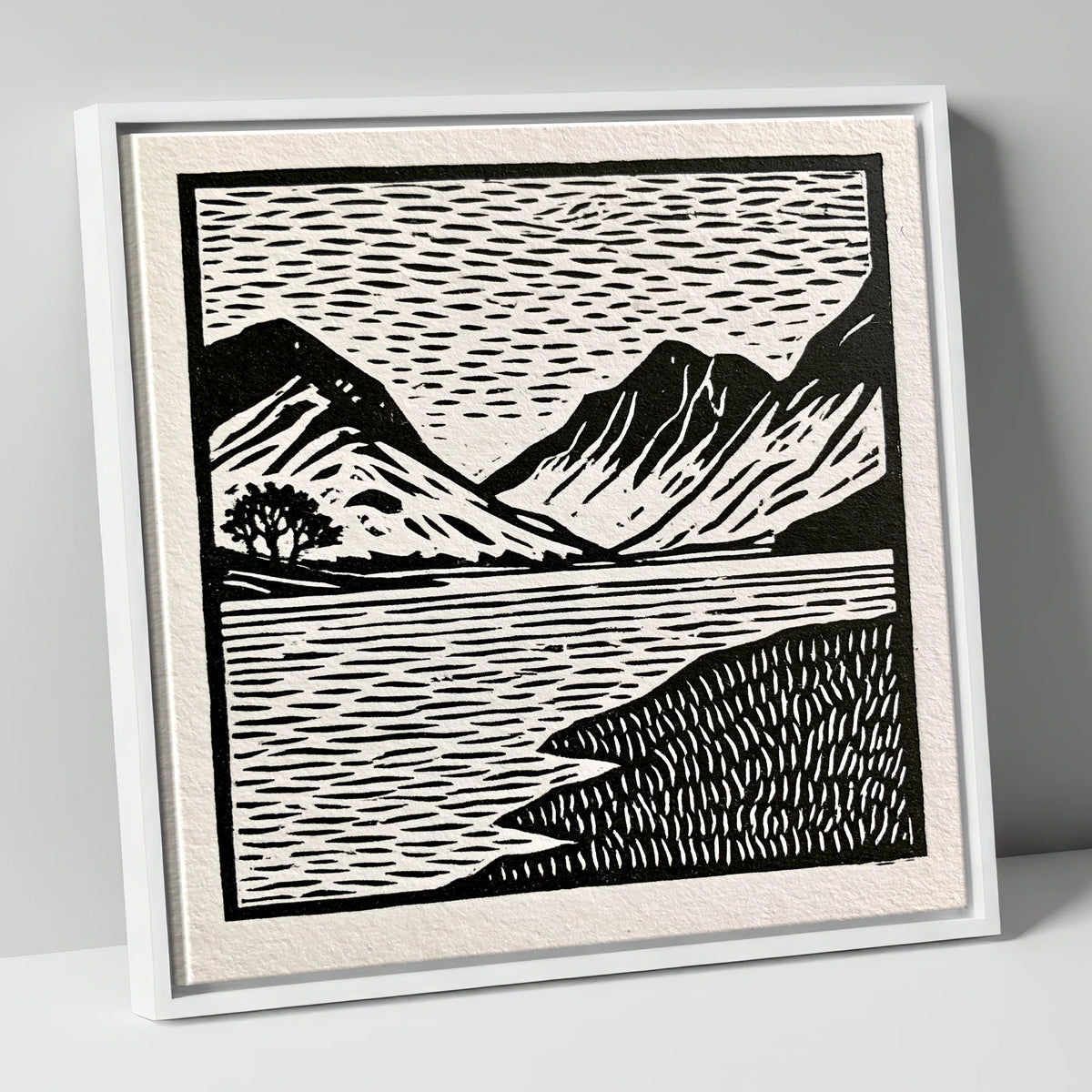 Black and White Buttermere Fells lake district lake canvas wall art in white frame