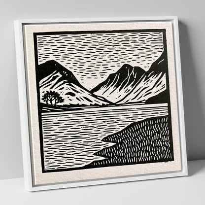 Black and White Buttermere Fells lake district lake canvas wall art in white frame