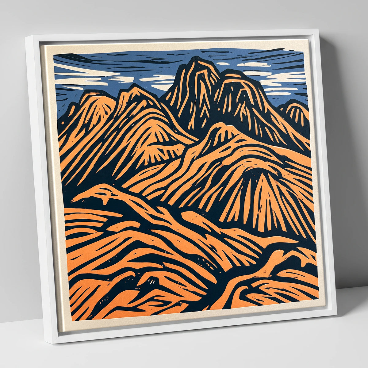 Bowfell in Terracotta and Navy lake district fell canvas wall art in white frame