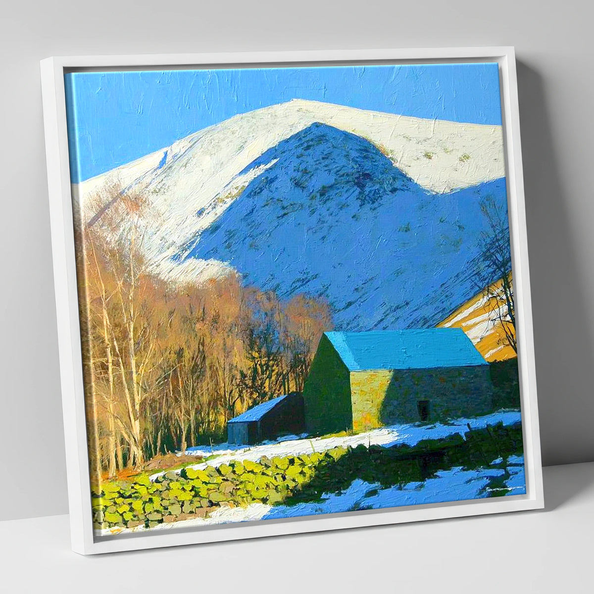 Snowy Bowscale Fell and Stone Barn lake district fell canvas wall art in white frame