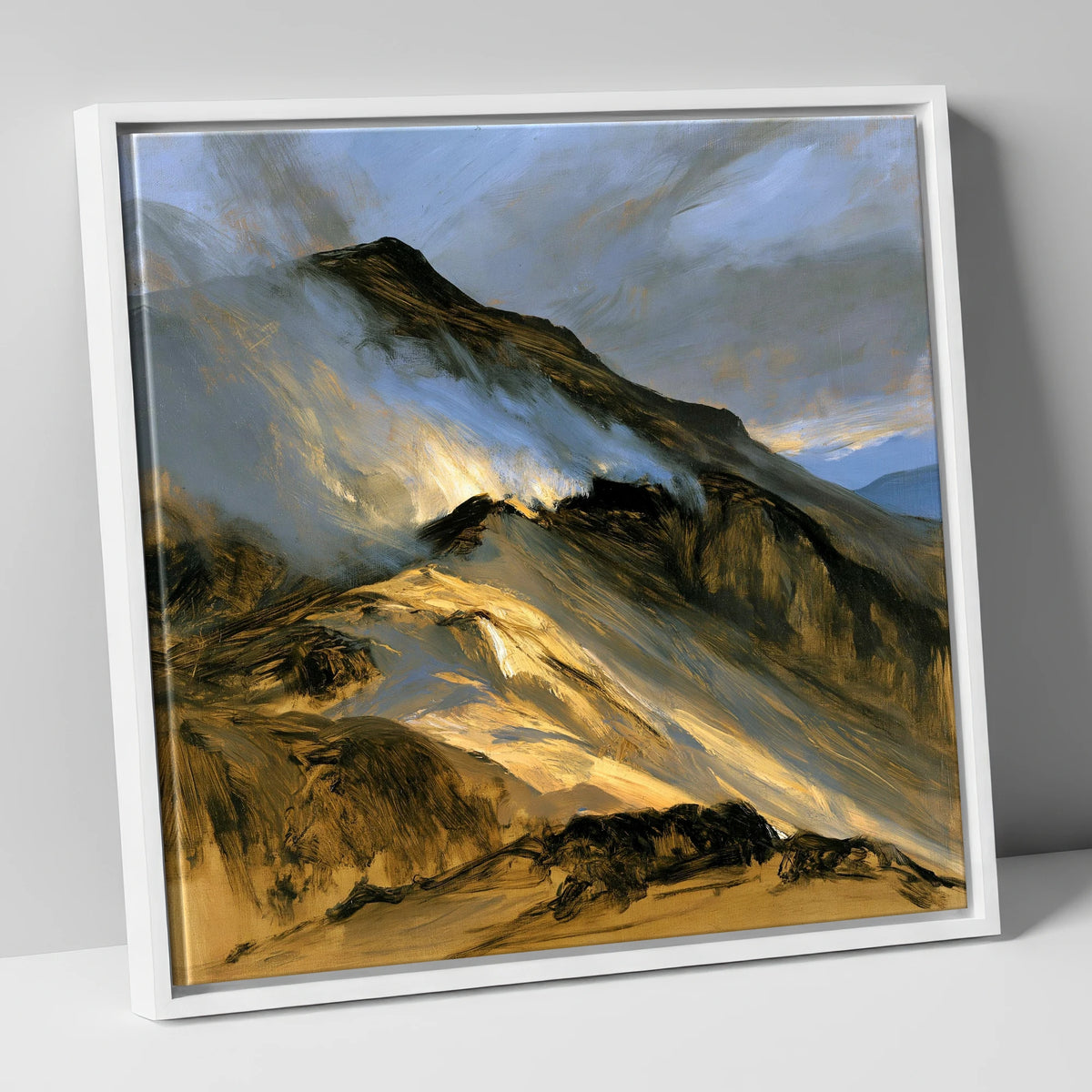 Sunlit Mountain Ridge in Mist lake district fell canvas wall art in white frame