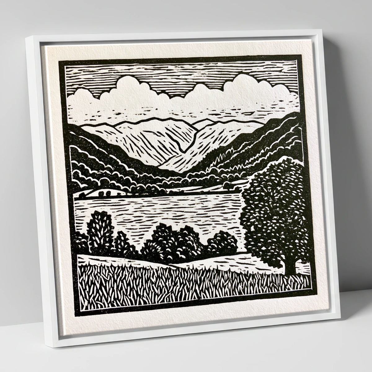 Grasmere and Fells in Monochrome lake district lake canvas wall art in white frame