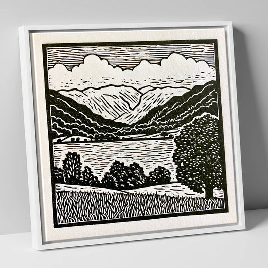 Grasmere and Fells in Monochrome lake district lake canvas wall art in white frame