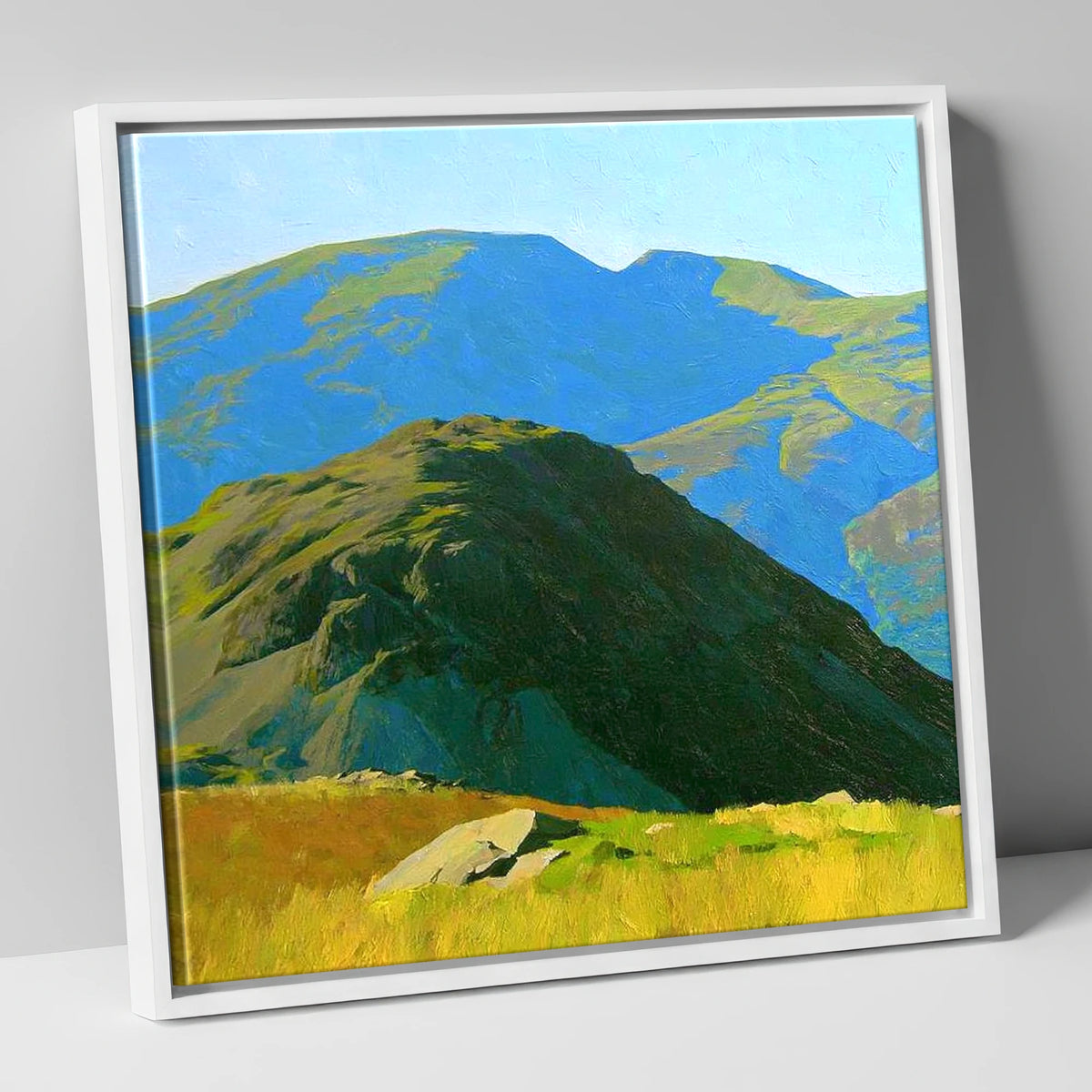 Vibrant Hard Knott and Blue Peaks lake district fell canvas wall art in white frame