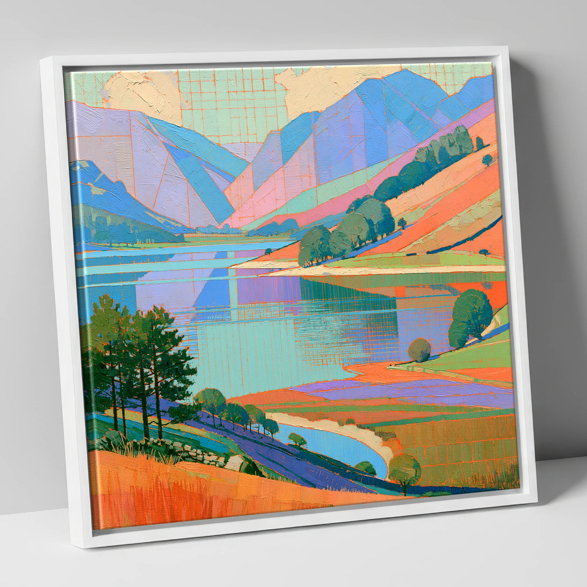 Vibrant Fells Over Turquoise Lake lake district lake canvas wall art in white frame