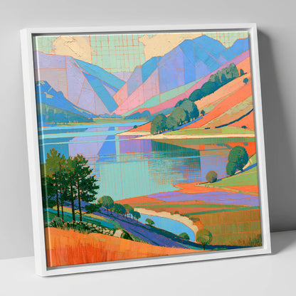 Vibrant Fells Over Turquoise Lake lake district lake canvas wall art in white frame