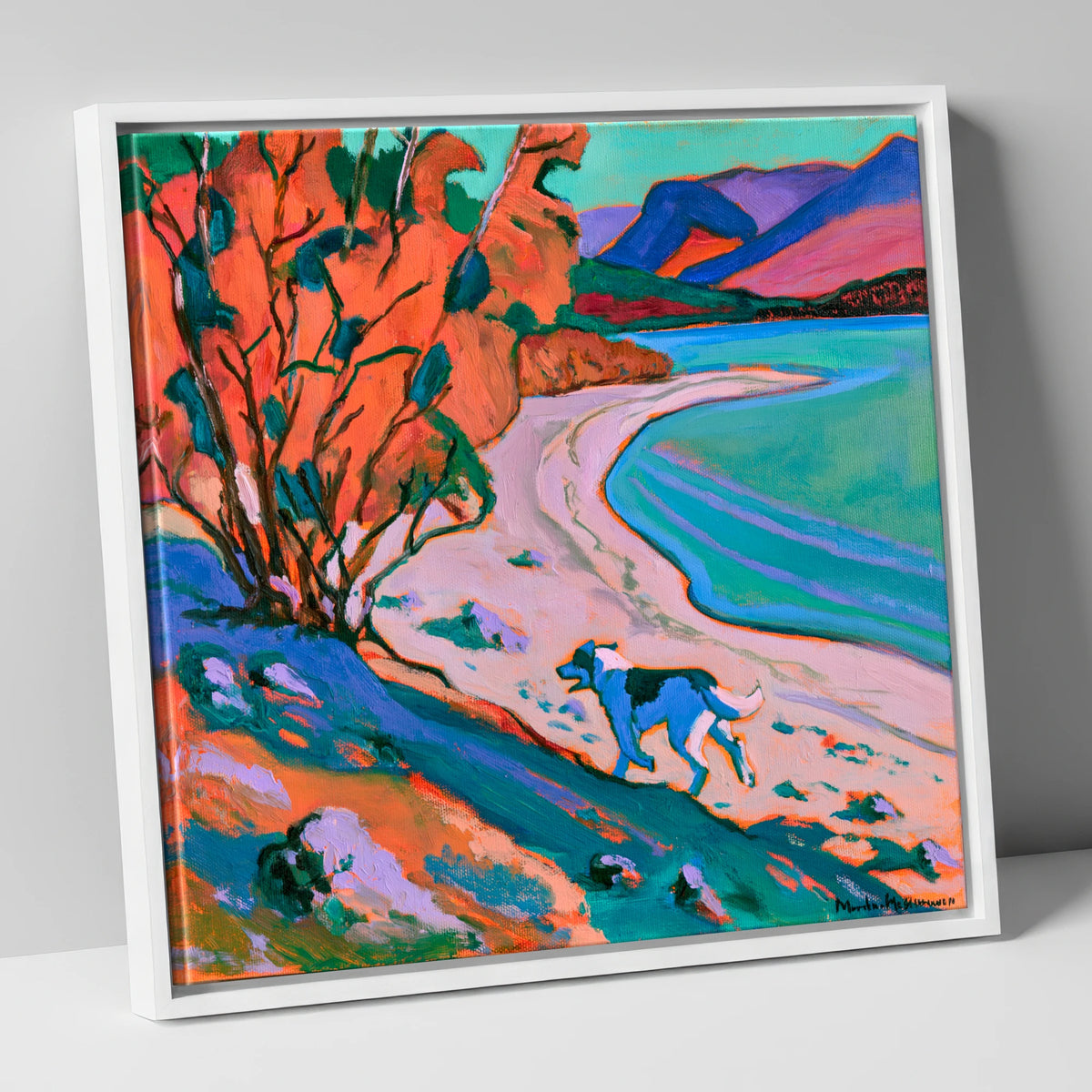 Colourful Derwentwater Shore with Dog derwentwater wall art canvas wall art in white frame