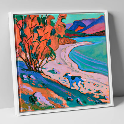 Colourful Derwentwater Shore with Dog derwentwater wall art canvas wall art in white frame