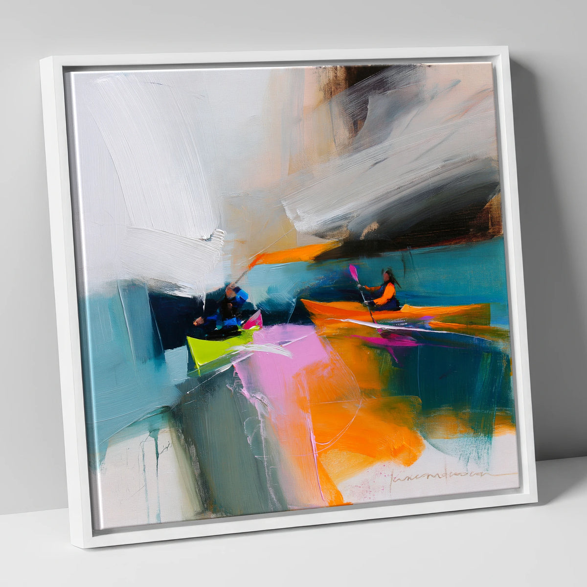 Vibrant Kayakers on a Lake lake district walking canvas wall art in white frame