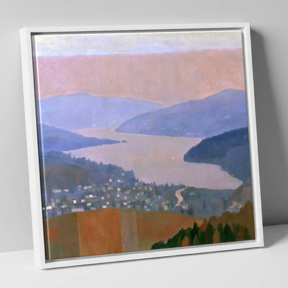 Ambleside and Lake in Pastel Dusk lake district village canvas wall art in white frame
