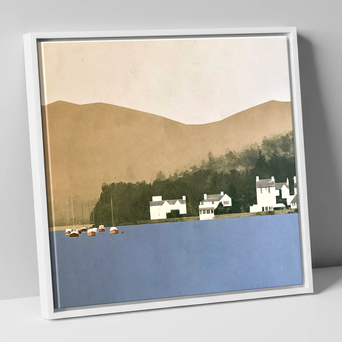 Moored Boats at Bowness Bay lake district village canvas wall art in white frame