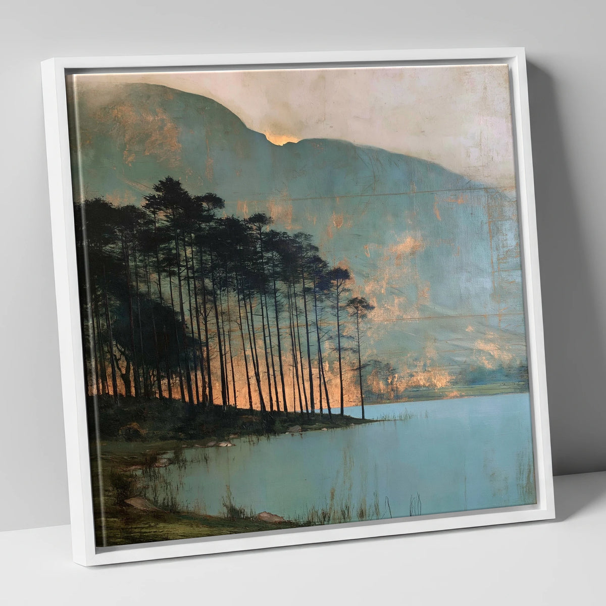 Buttermere Pines in Golden Light lake district lake canvas wall art in white frame