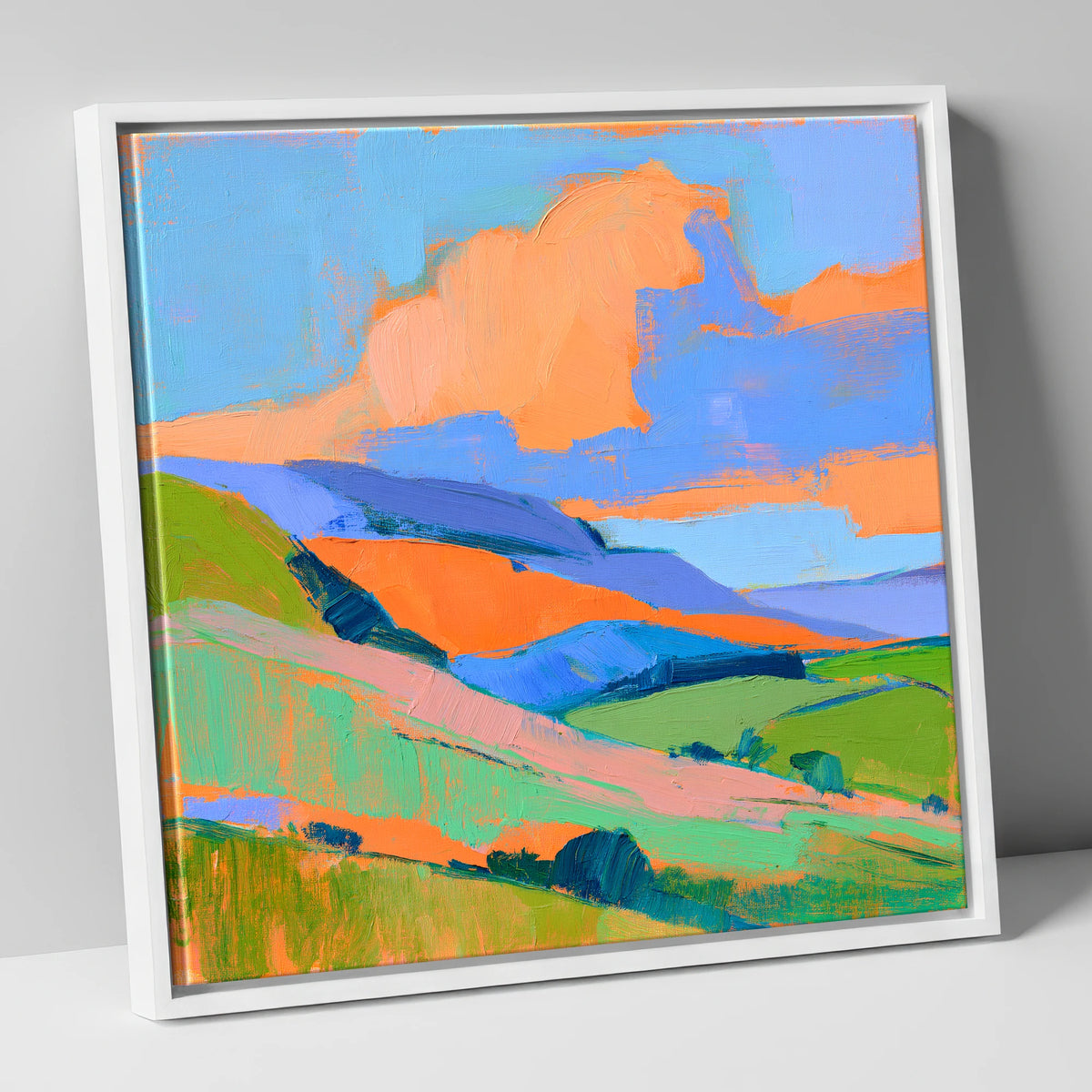 Orange Clouds Over Rolling Fells lake district fell canvas wall art in white frame