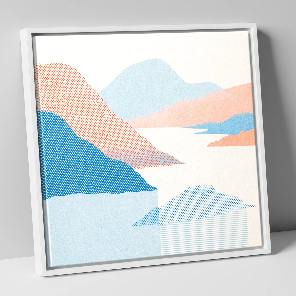 Ullswater Fells in Coral and Blue lake district lake canvas wall art in white frame