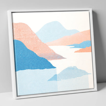 Ullswater Fells in Coral and Blue lake district lake canvas wall art in white frame