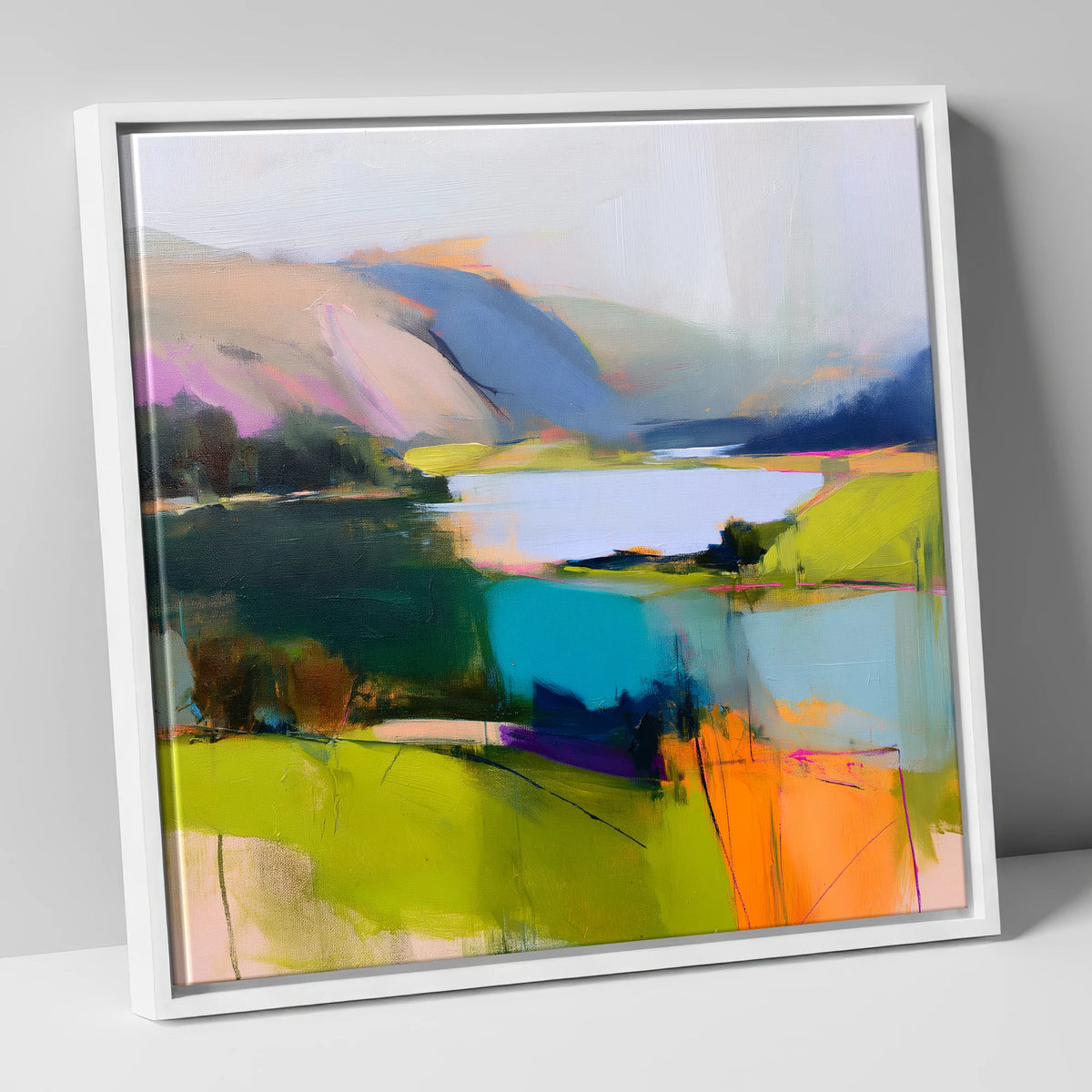 Teal Lake with Magenta Fells lake district lake canvas wall art in white frame