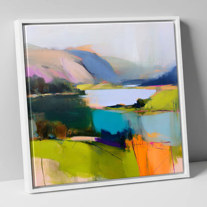 Teal Lake with Magenta Fells lake district lake canvas wall art in white frame