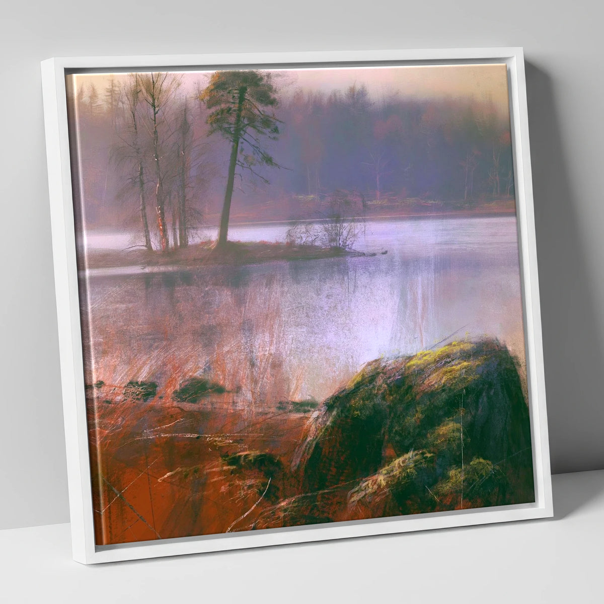 Tarn Hows Island Pine lake district lake canvas wall art in white frame