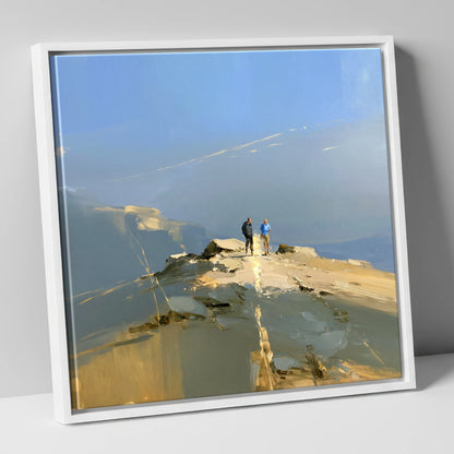 Walkers on a Sunlit Ridge lake district walking canvas wall art in white frame