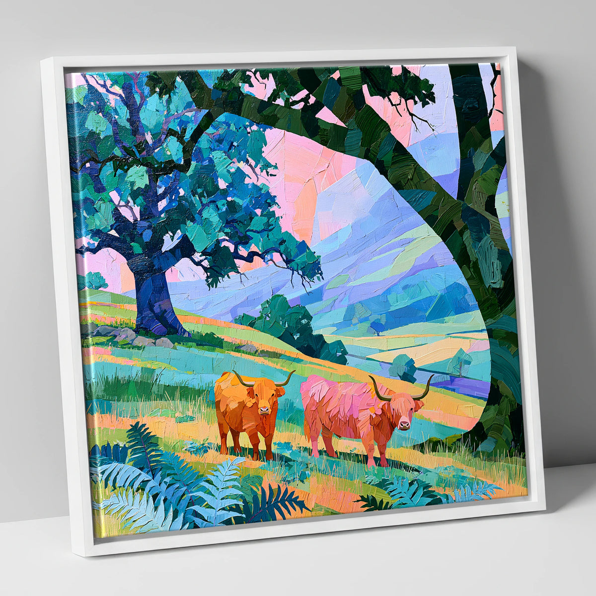 Vibrant Highland Cattle Beneath Fells lake district wildlife canvas wall art in white frame