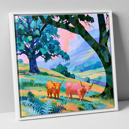 Vibrant Highland Cattle Beneath Fells lake district wildlife canvas wall art in white frame