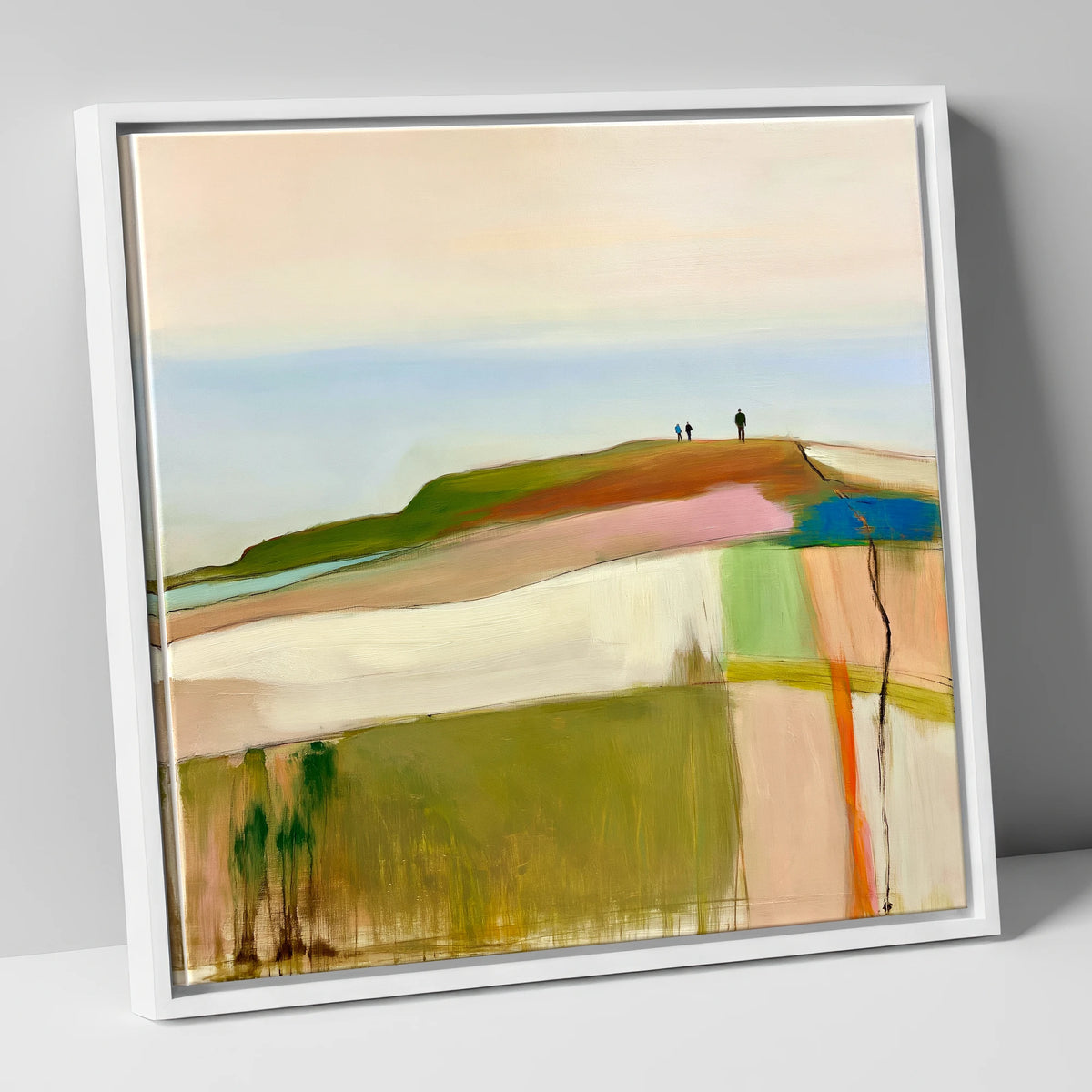Abstract Fell Ridge with Hikers lake district fell canvas wall art in white frame