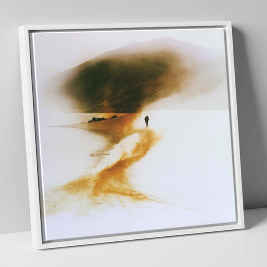 Lone Hiker on Golden Trail lake district walking canvas wall art in white frame