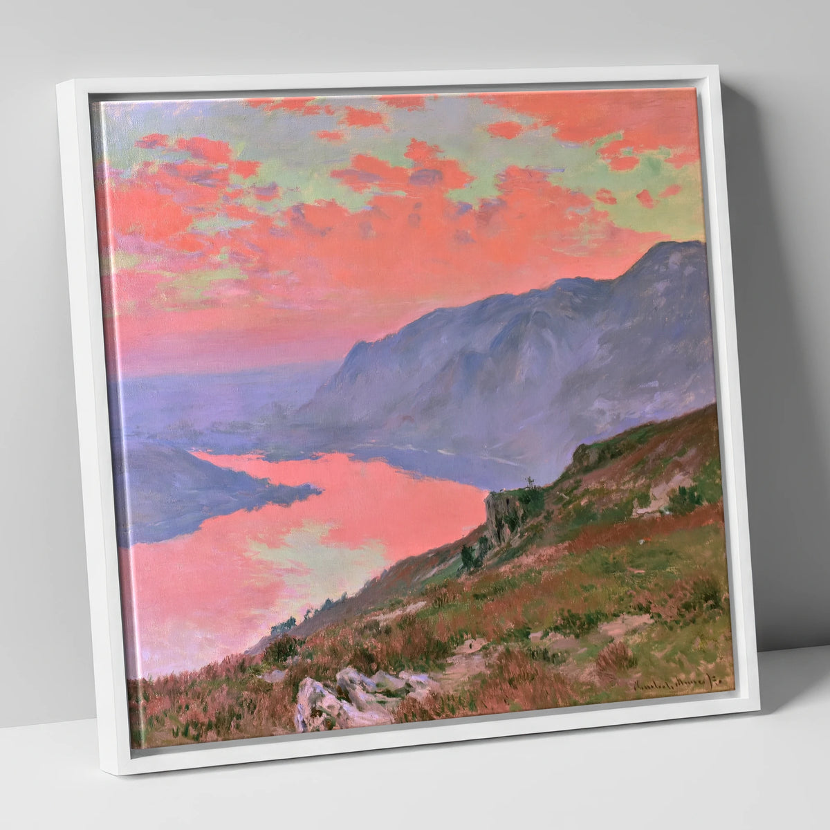 Summit View Under Coral Skies lake district fell canvas wall art in white frame