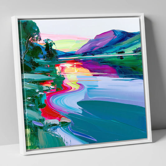 Electric Lake Sunset Reflections lake district lake canvas wall art in white frame