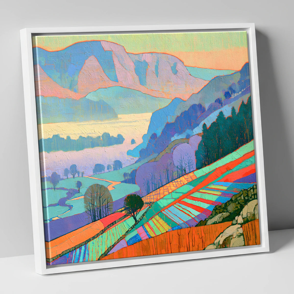 Vivid Morning Valley Mist lake district sky canvas wall art in white frame