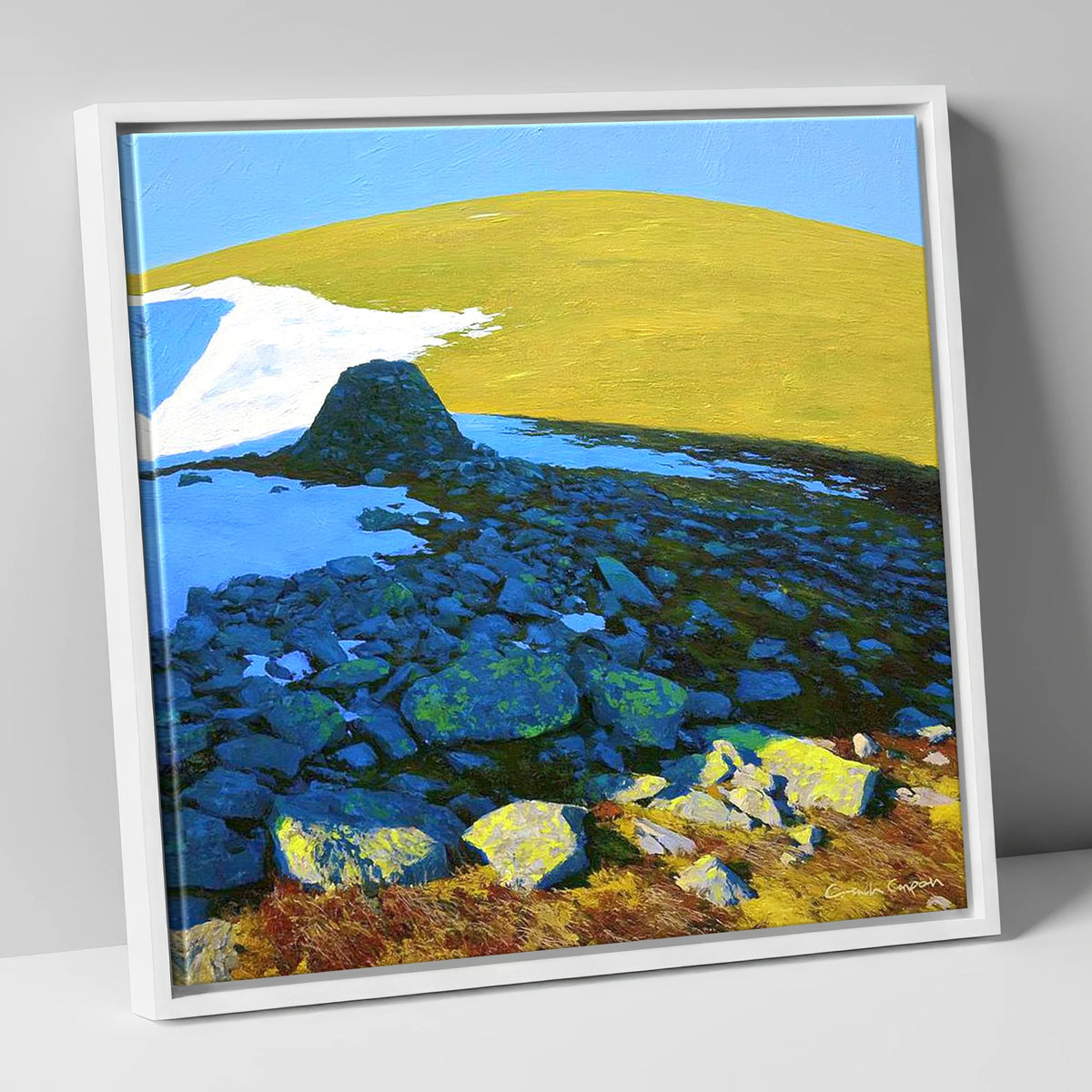 Sunlit Snow on Great Dodd lake district fell canvas wall art in white frame