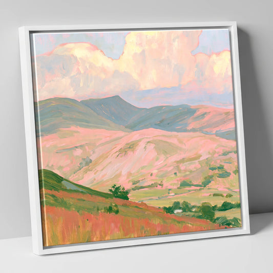 Pastel Light on Rolling Fells lake district fell canvas wall art in white frame