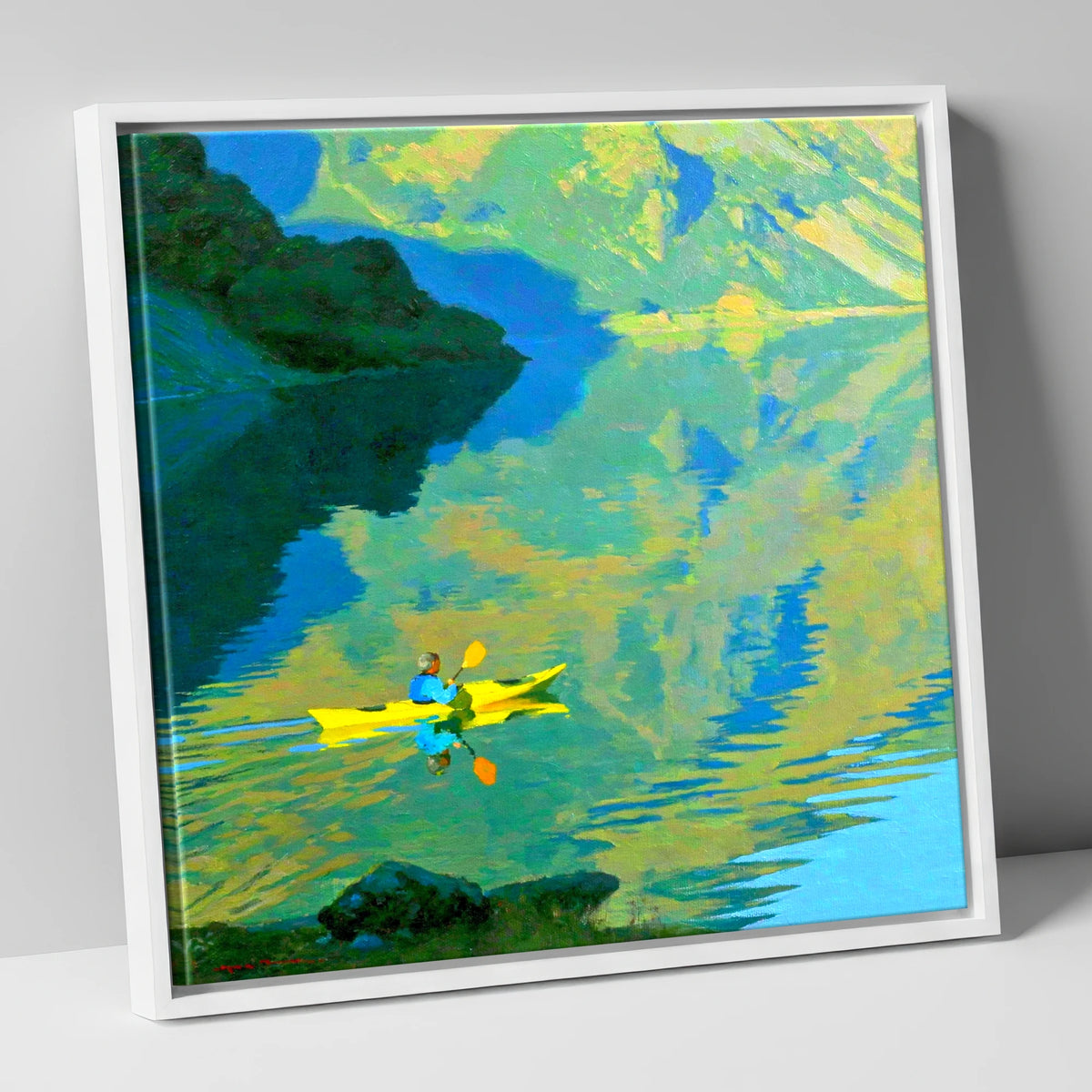 Yellow Kayak on Reflecting Fells lake district walking canvas wall art in white frame