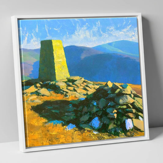 Sunlit Binsey Summit Trig Pillar lake district fell canvas wall art in white frame