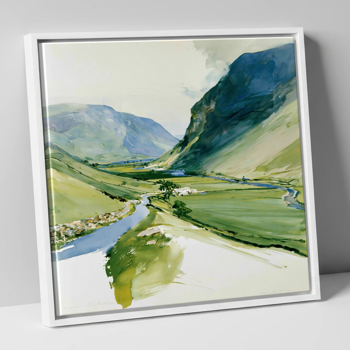 Green Valley and Winding Beck lake district valley canvas wall art in white frame