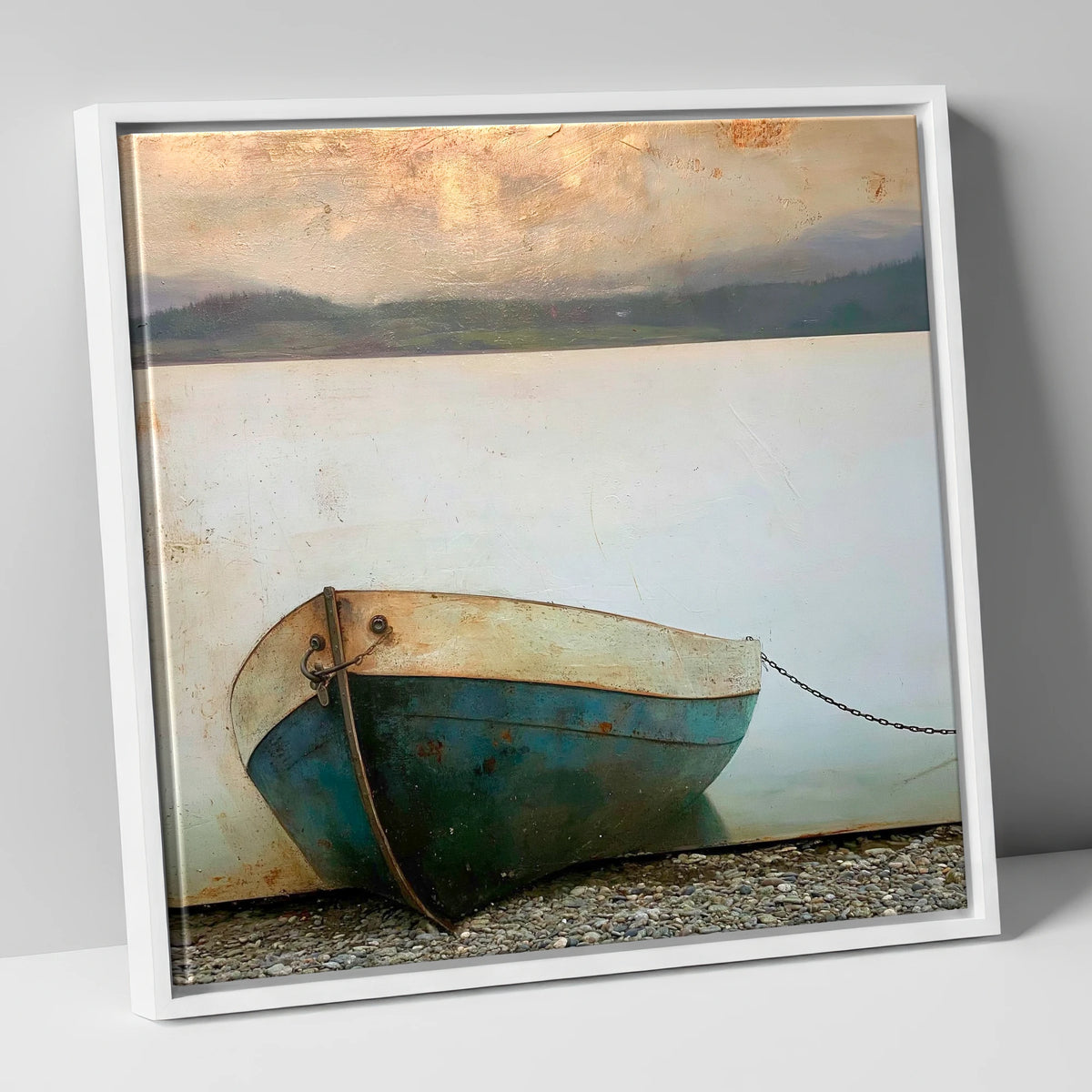 Grounded Boat on Misty Windermere lake district lake canvas wall art in white frame