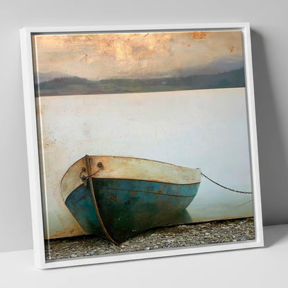 Grounded Boat on Misty Windermere lake district lake canvas wall art in white frame