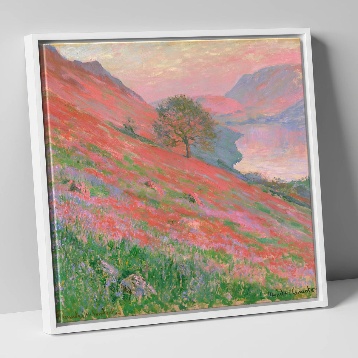 Sunset Pink Over Rannerdale Bluebells lake district lake canvas wall art in white frame