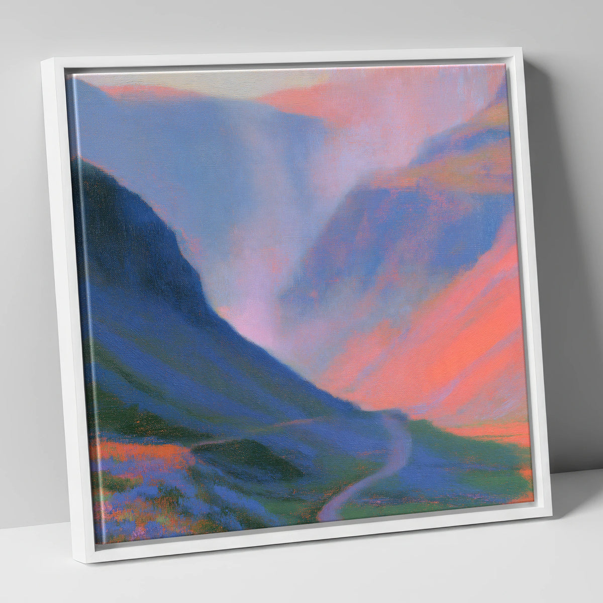 Winding Mountain Pass at Twilight lake district valley canvas wall art in white frame