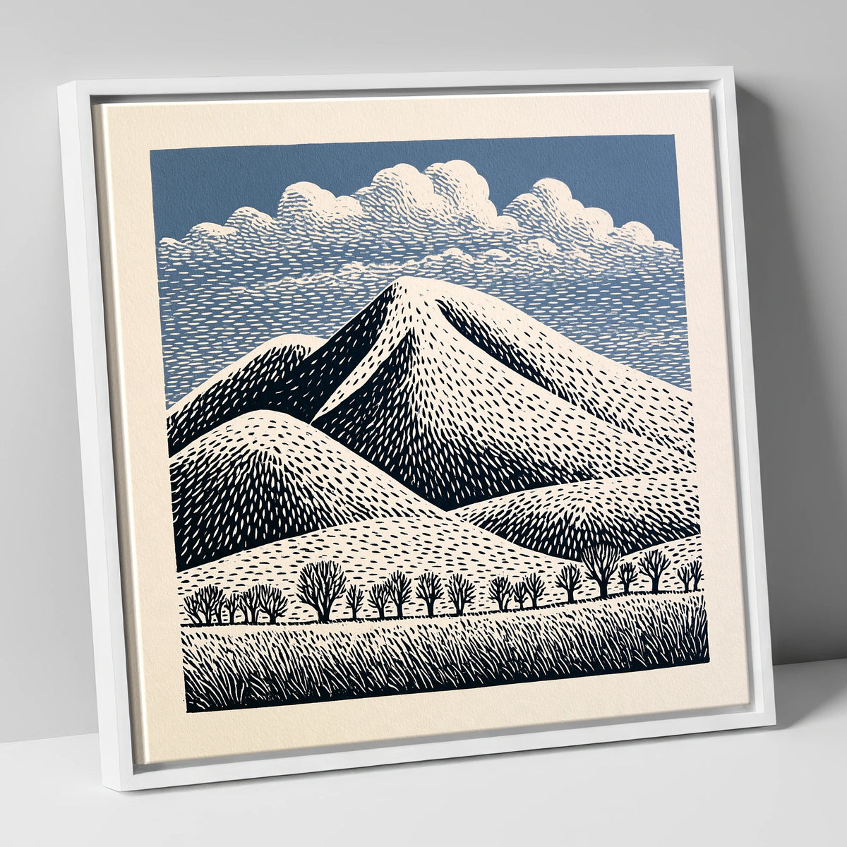Skiddaw Mountain Beneath Patterned Clouds lake district fell canvas wall art in white frame