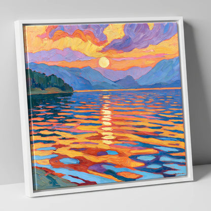 Vibrant Sunset Over Lake Water lake district lake canvas wall art in white frame