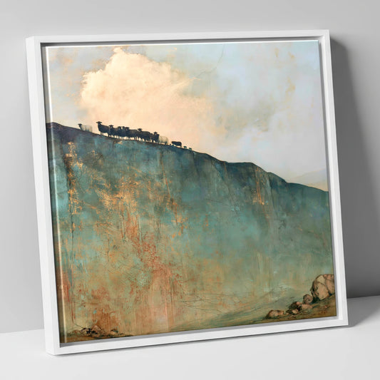 Herdwicks on a Fell Skyline lake district wildlife canvas wall art in white frame